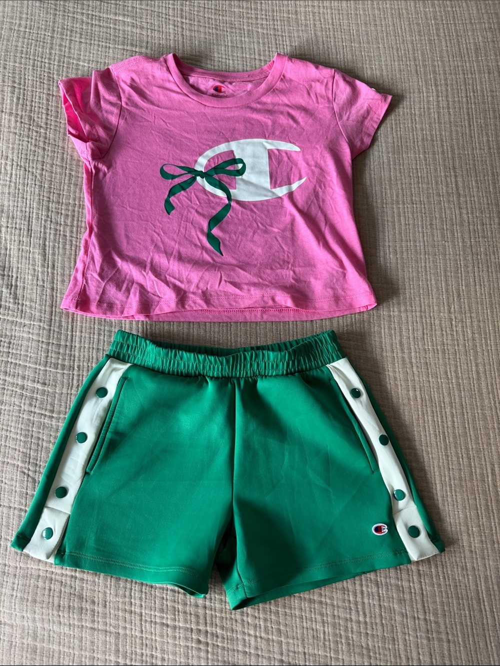 Champion Pink Graphic Crop Tee with Green Bow & Green Snap-Trim Shorts